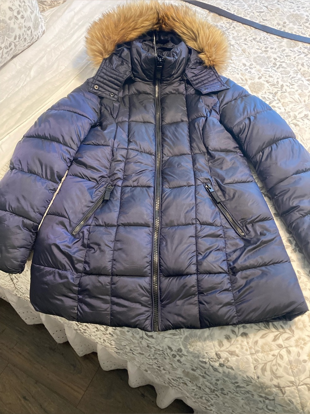 Women's Navy Quilted Puffer Coat with Faux-Fur Hood